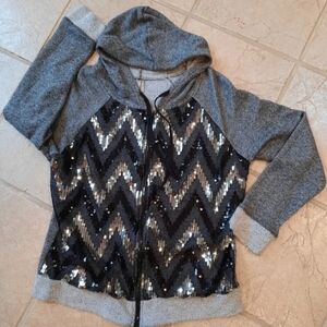 Sequin bling grey hoodie sweater L Vanity